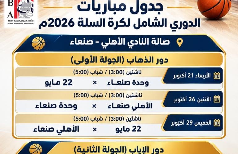 برعاية الاتصالات اليمنية.. الأربعاء انطلاق الدوري الشامل لأندية أمانة العاصمة لكرة السلة